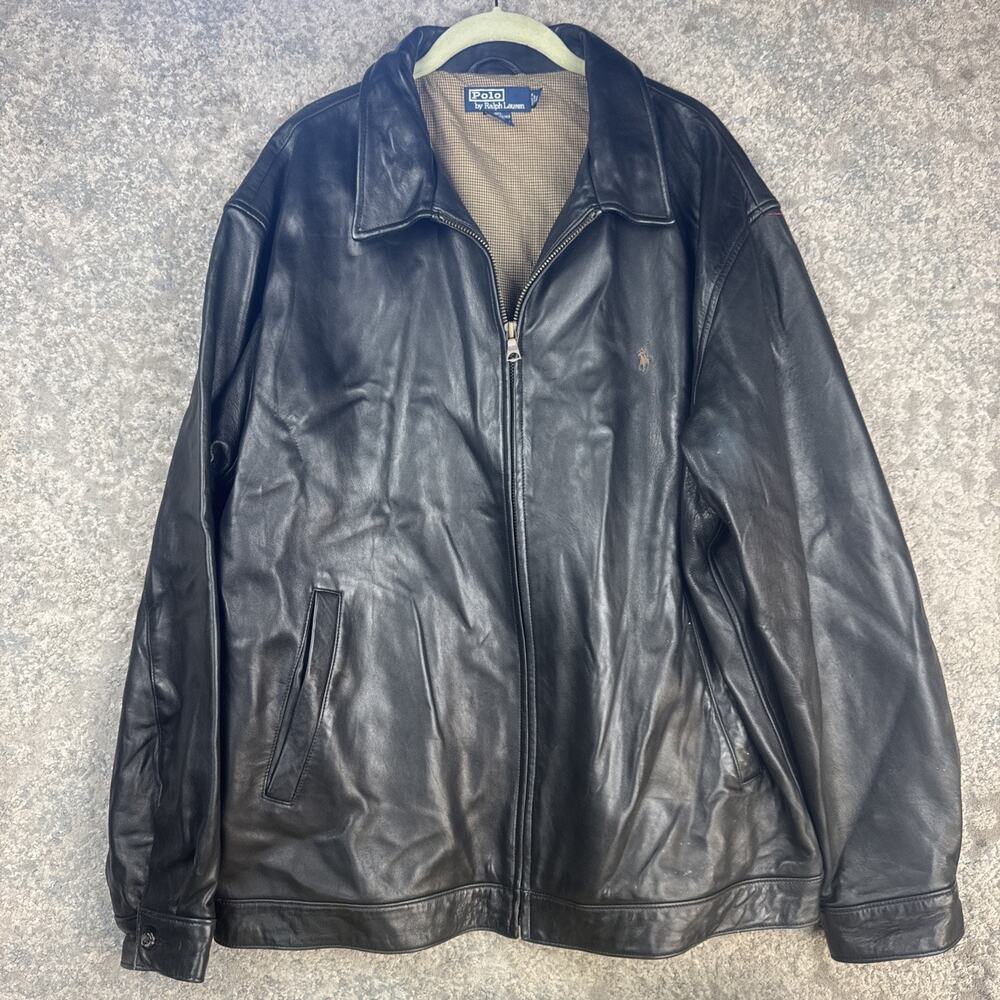 VTG Polo Ralph Lauren Black Leather Jacket 90s Houndstooth Lined Mens XXL